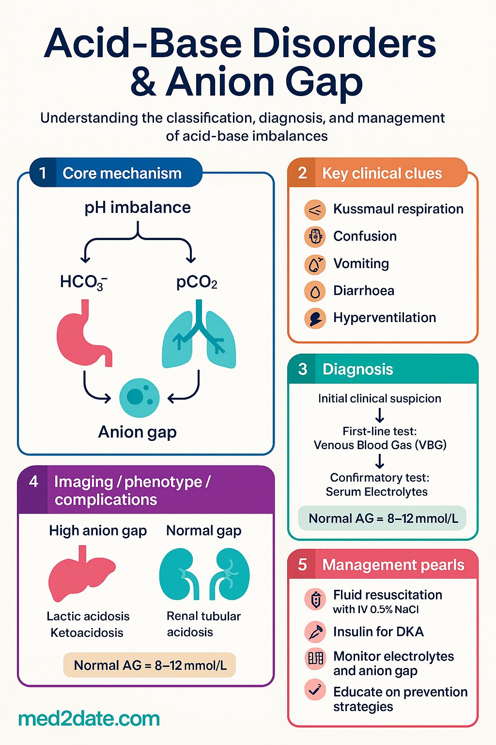 Acid-Base Disorders & Anion Gap clinical infographic — pathophysiology, clinical clues, diagnosis, imaging, and management