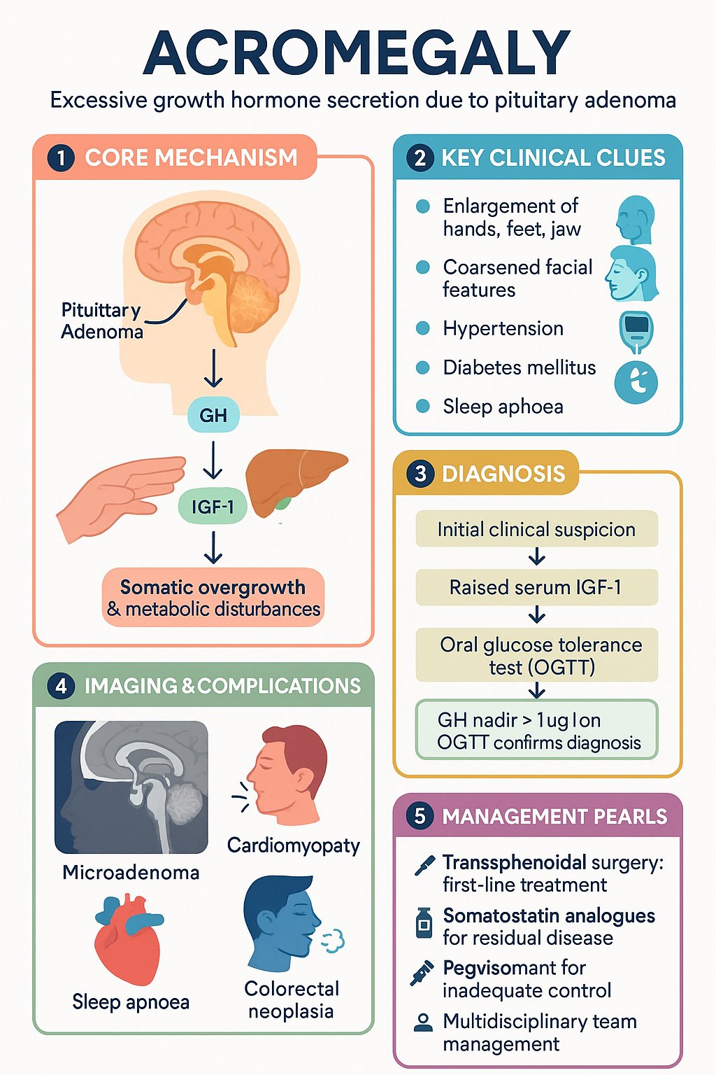 Acromegaly clinical infographic — pathophysiology, clinical clues, diagnosis, imaging, and management
