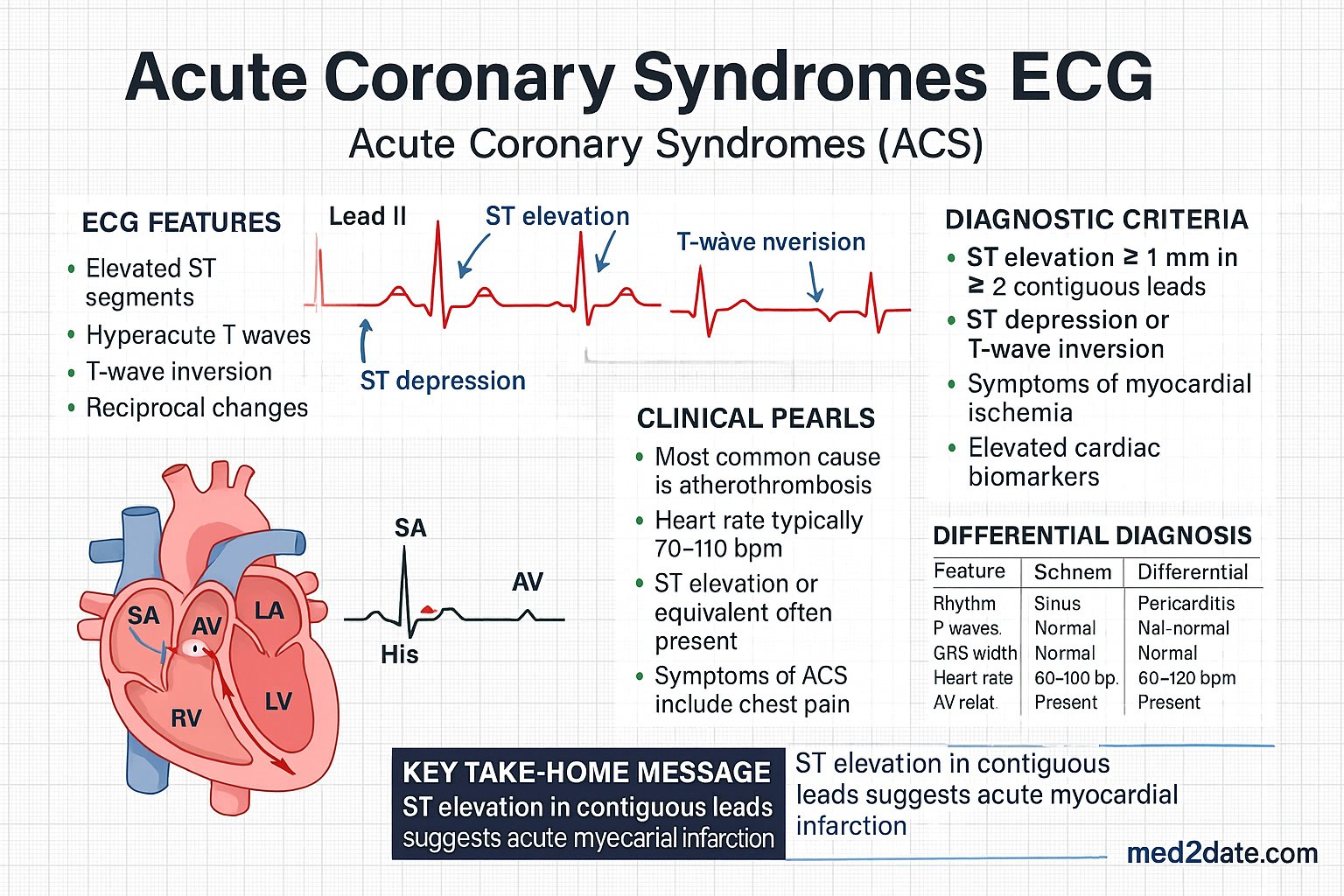 Acute Coronary Syndromes (ACS) ECG infographic — ECG features, diagnostic criteria, mechanism, clinical pearls, differential diagnosis, and key take-home message