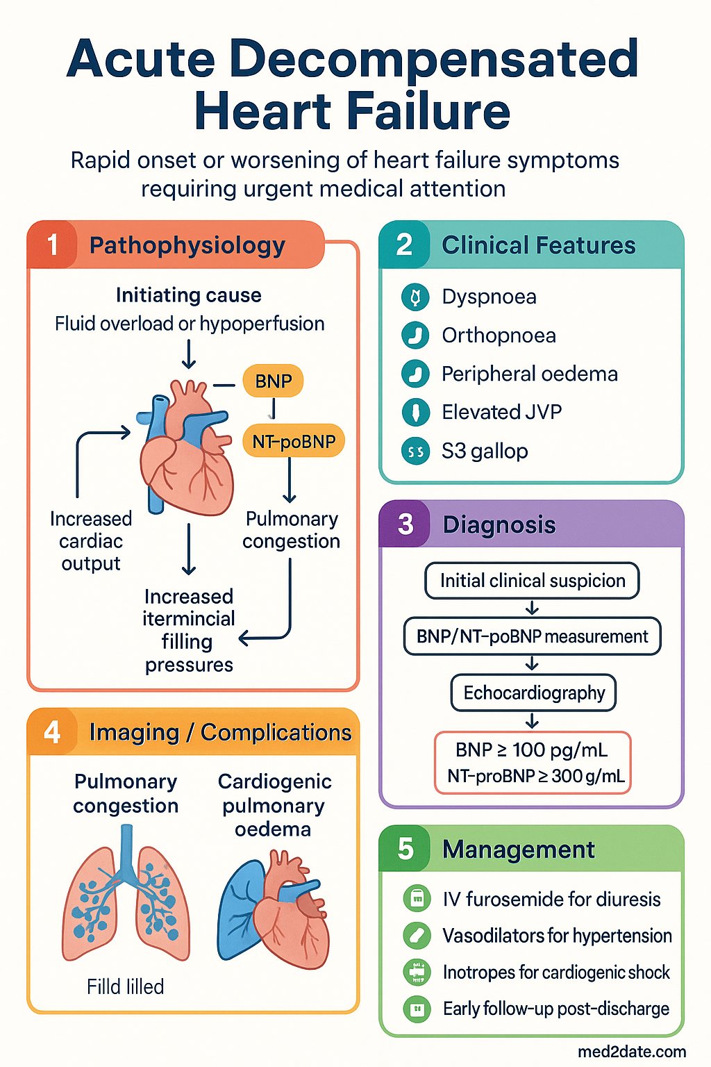 Acute Decompensated Heart Failure clinical infographic — pathophysiology, clinical clues, diagnosis, imaging, and management