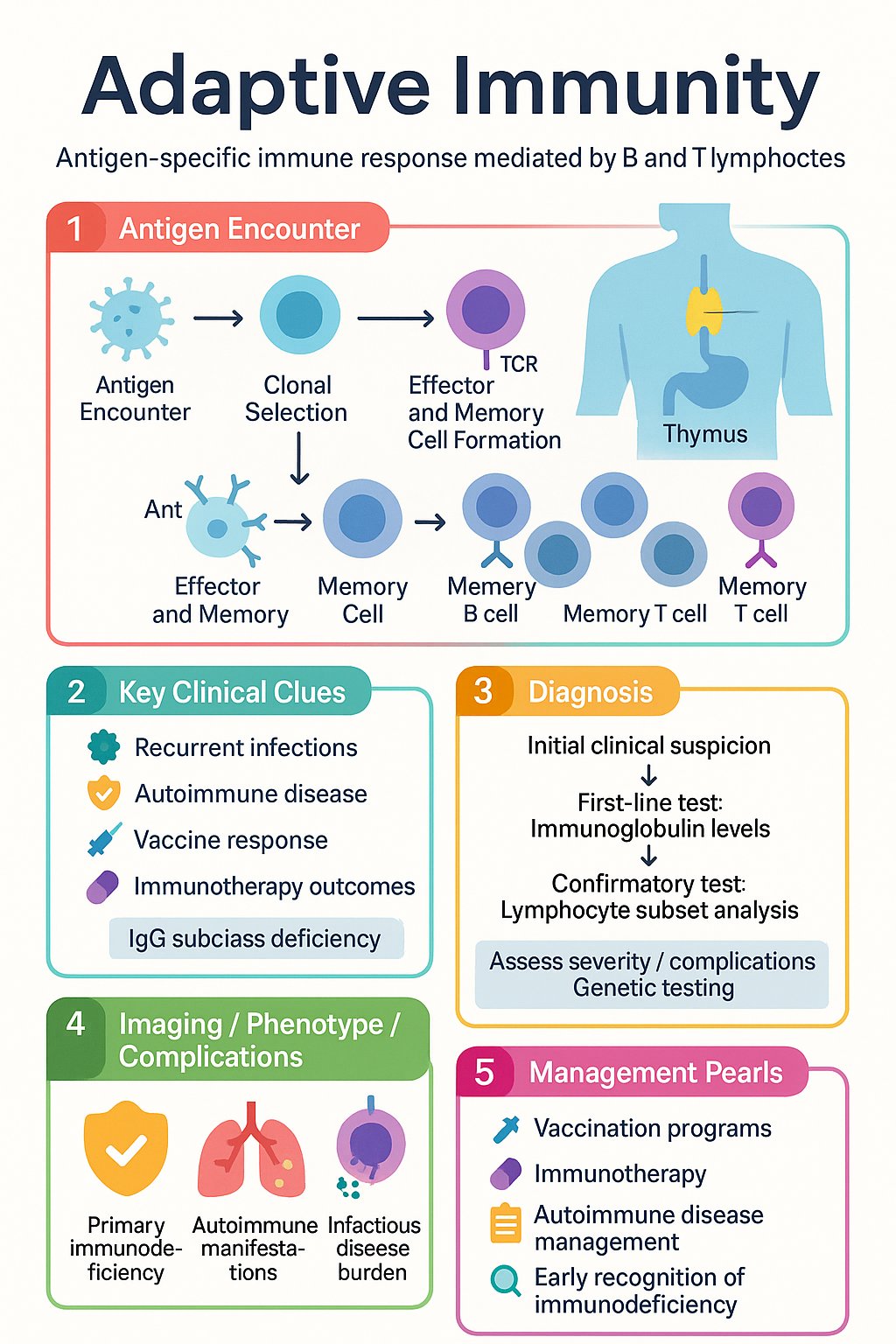 Adaptive Immunity clinical infographic — pathophysiology, clinical clues, diagnosis, imaging, and management
