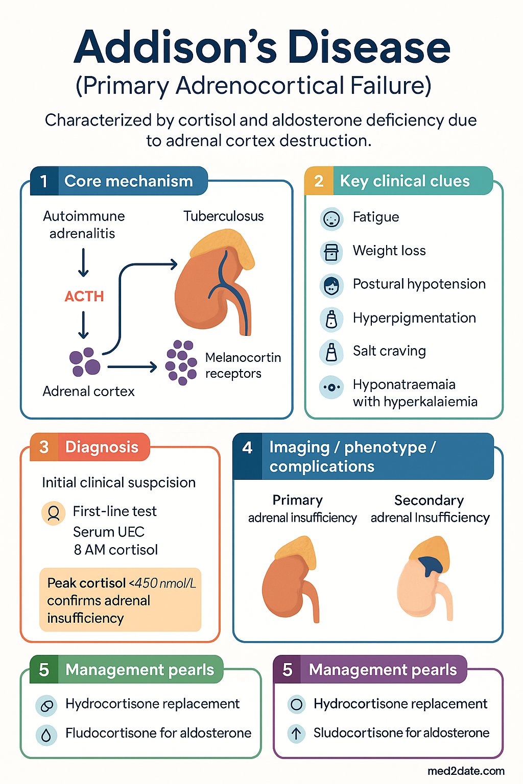 Addison's Disease (Primary Adrenocortical Failure) clinical infographic — pathophysiology, clinical clues, diagnosis, imaging, and management