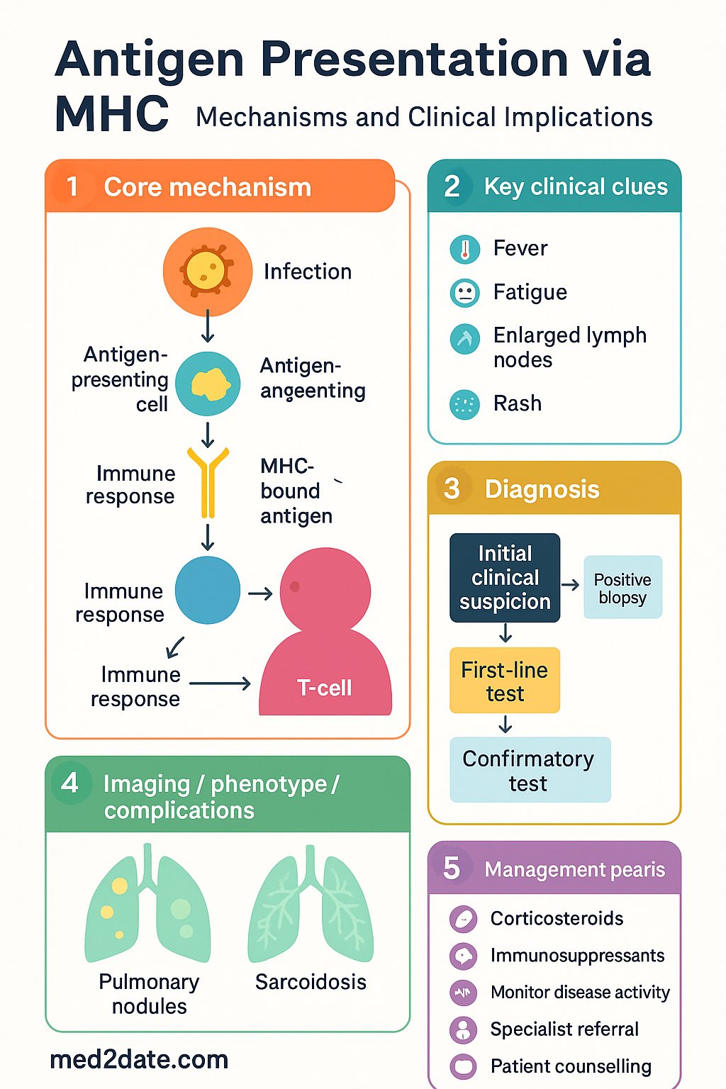 Ag Presentation via MHC clinical infographic — pathophysiology, clinical clues, diagnosis, imaging, and management