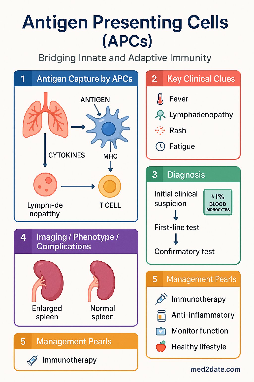 Ag Presenting Cells clinical infographic — pathophysiology, clinical clues, diagnosis, imaging, and management