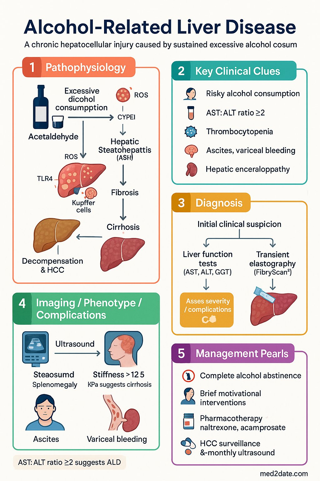 Alcohol-Related Liver Disease clinical infographic — pathophysiology, clinical clues, diagnosis, imaging, and management