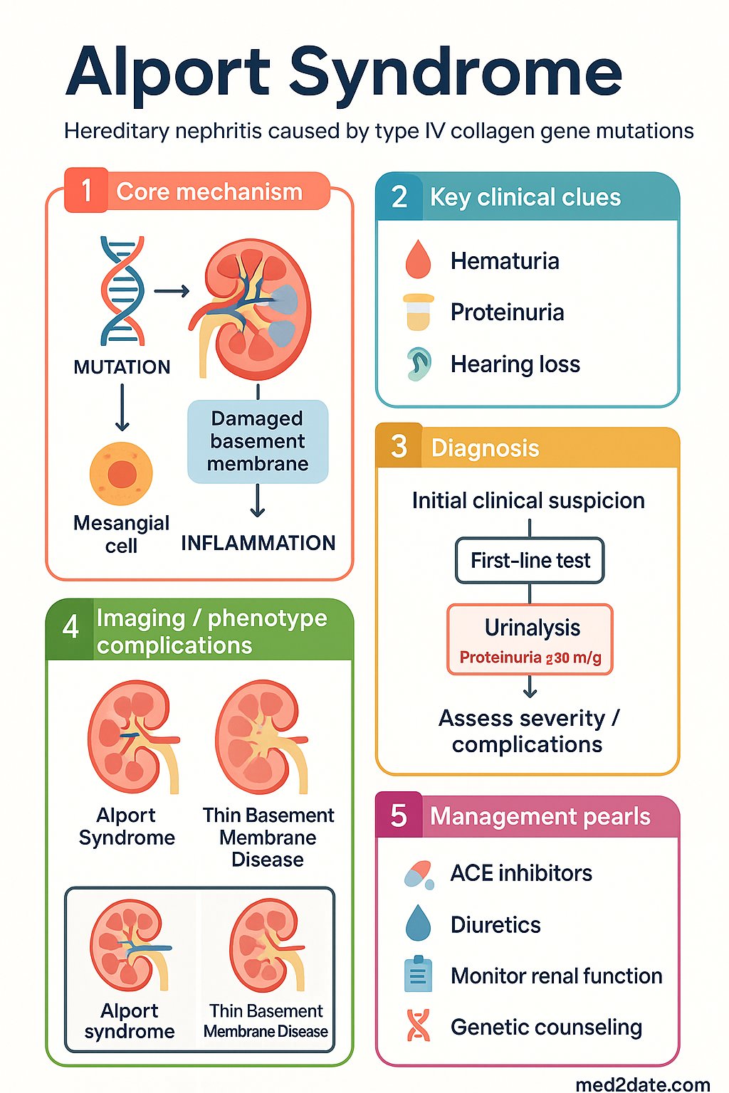 Alport Syndrome clinical infographic — pathophysiology, clinical clues, diagnosis, imaging, and management