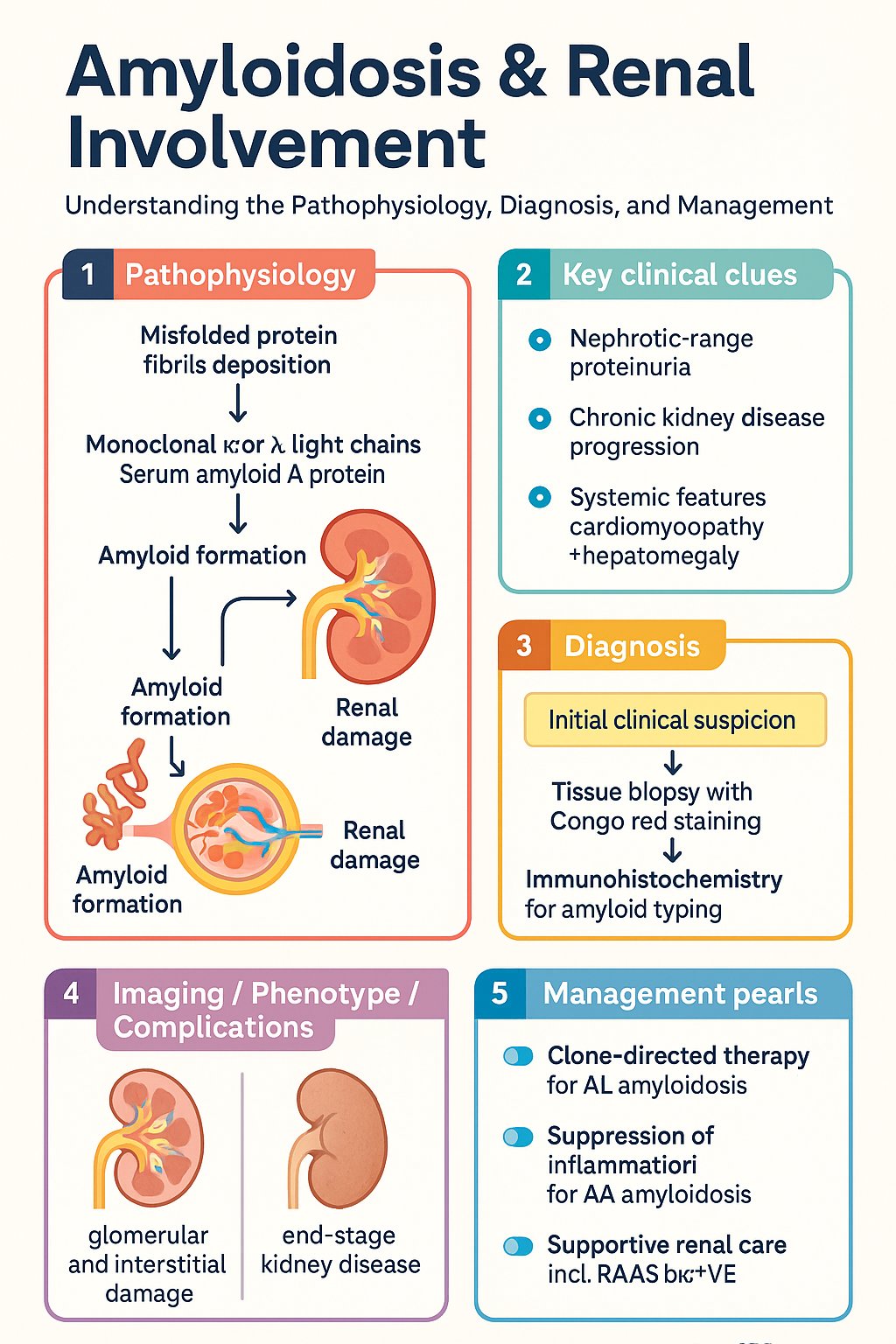 Amyloidosis & Renal Involvement clinical infographic — pathophysiology, clinical clues, diagnosis, imaging, and management
