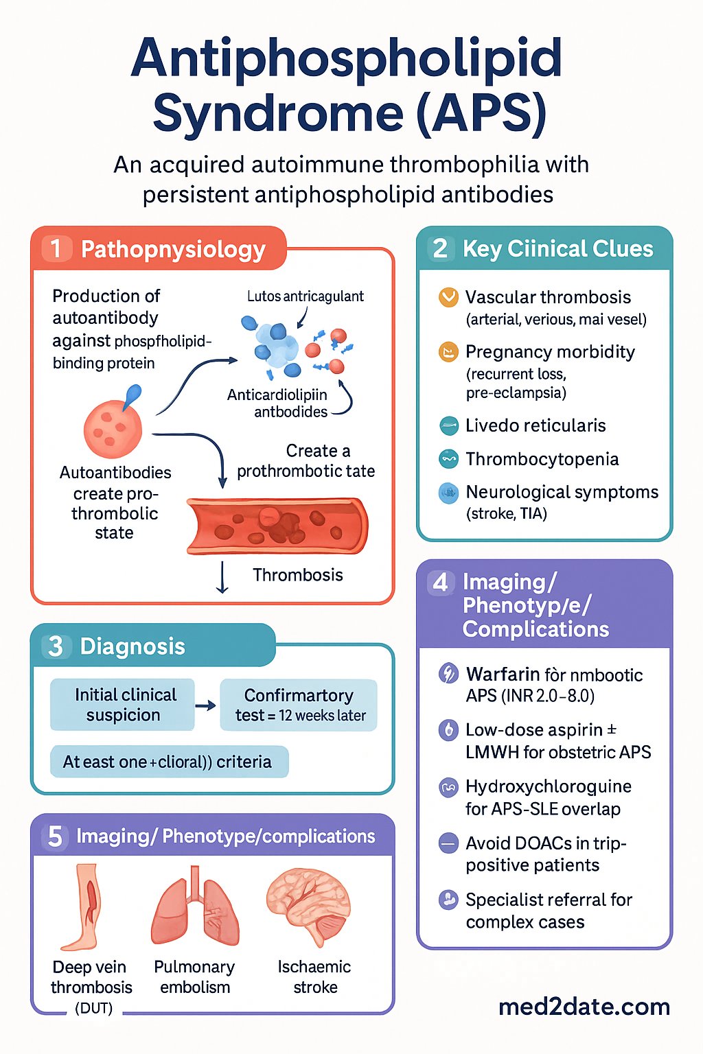 Antiphospholipid Syndrome clinical infographic — pathophysiology, clinical clues, diagnosis, imaging, and management