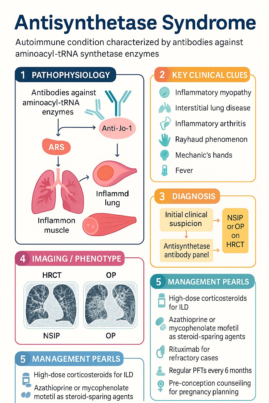 Antisynthetase Syndrome clinical infographic — pathophysiology, clinical clues, diagnosis, imaging, and management