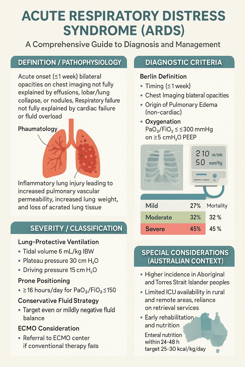 Acute Respiratory Distress Syndrome (ARDS) infographic — Berlin definition, oxygenation severity, lung-protective ventilation, prone positioning, ECMO criteria, and Australian intensive-care context
