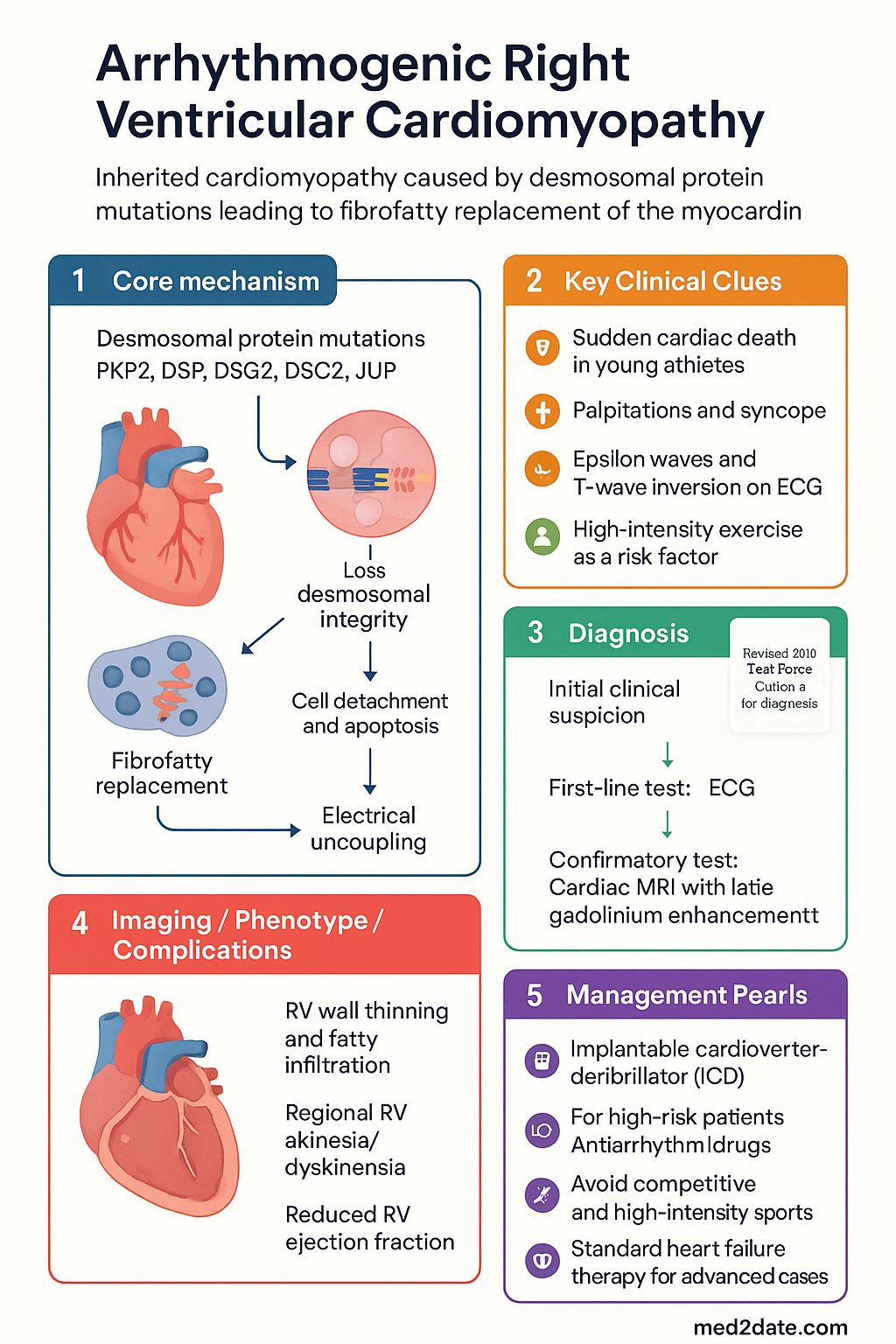 Arrhythmogenic Right Ventricular Cardiomyopathy (ARVC) clinical infographic — pathophysiology, clinical clues, diagnosis, imaging, and management
