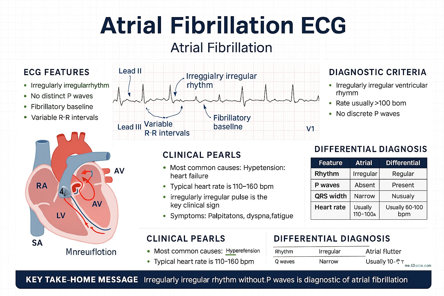 Atrial Fibrillation ECG infographic — ECG features, diagnostic criteria, mechanism, clinical pearls, differential diagnosis, and key take-home message