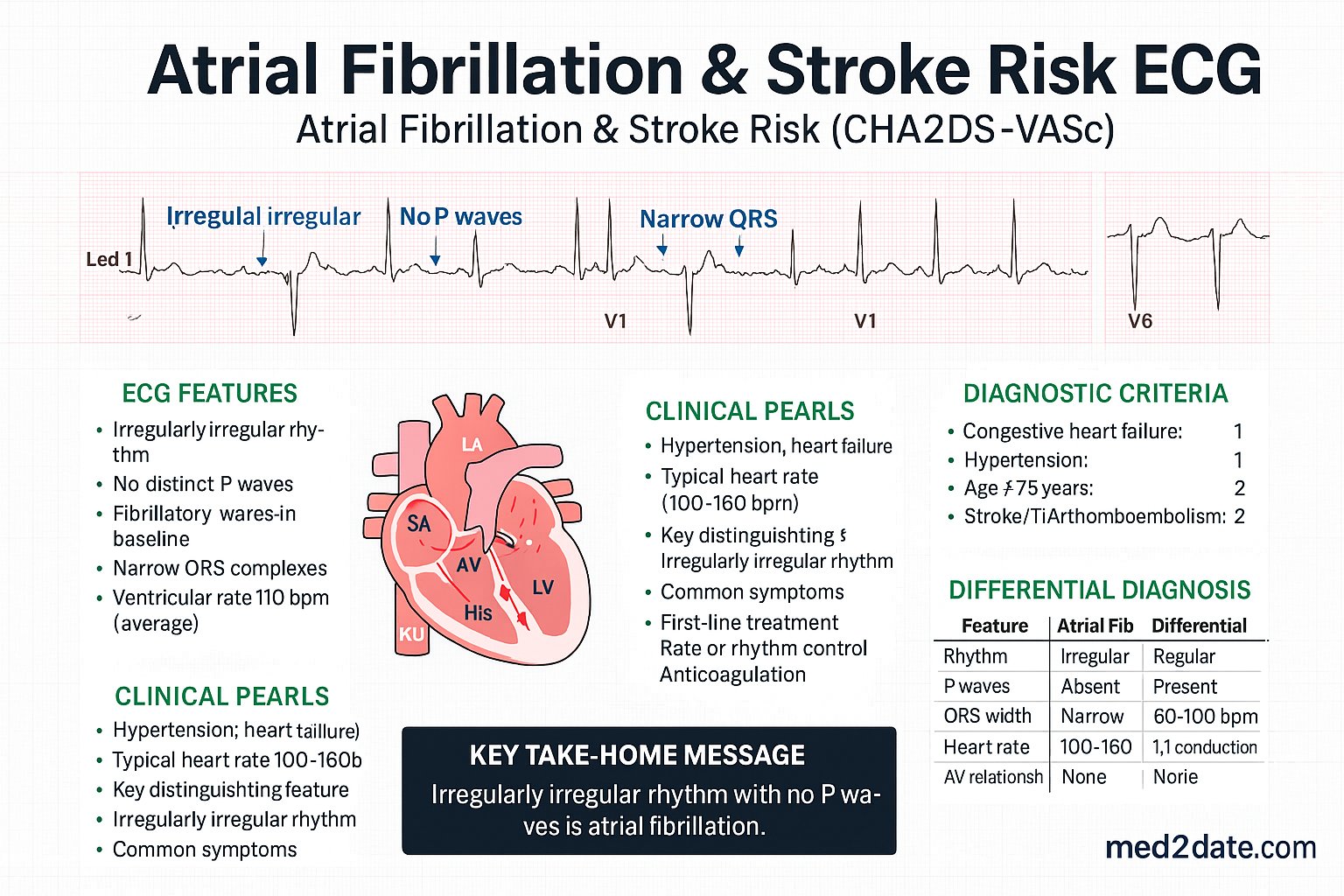 Atrial Fibrillation & Stroke Risk (CHA2DS2-VASc) ECG infographic — ECG features, diagnostic criteria, mechanism, clinical pearls, differential diagnosis, and key take-home message
