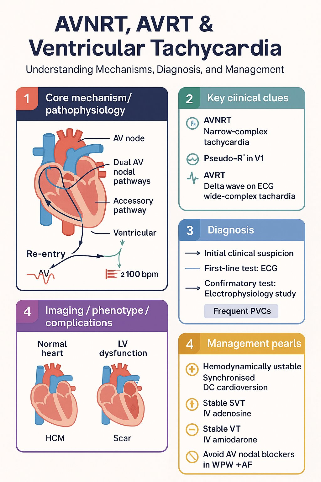 AVNRT, AVRT & Ventricular Tachycardia clinical infographic — pathophysiology, clinical clues, diagnosis, imaging, and management