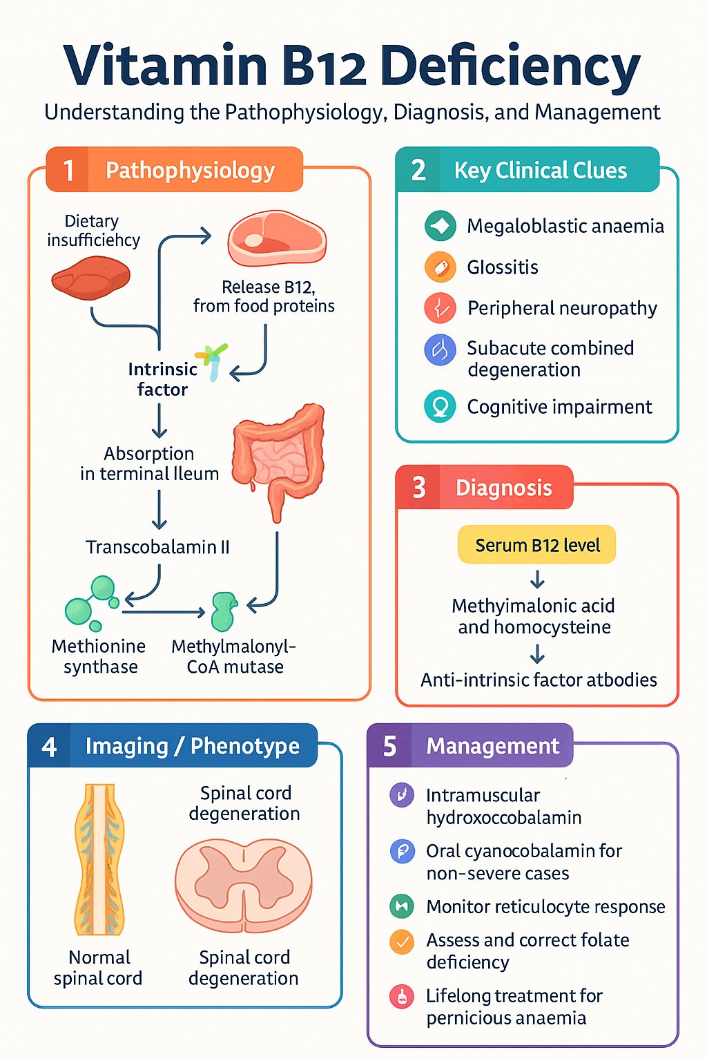 B12 Deficiency clinical infographic — pathophysiology, clinical clues, diagnosis, imaging, and management