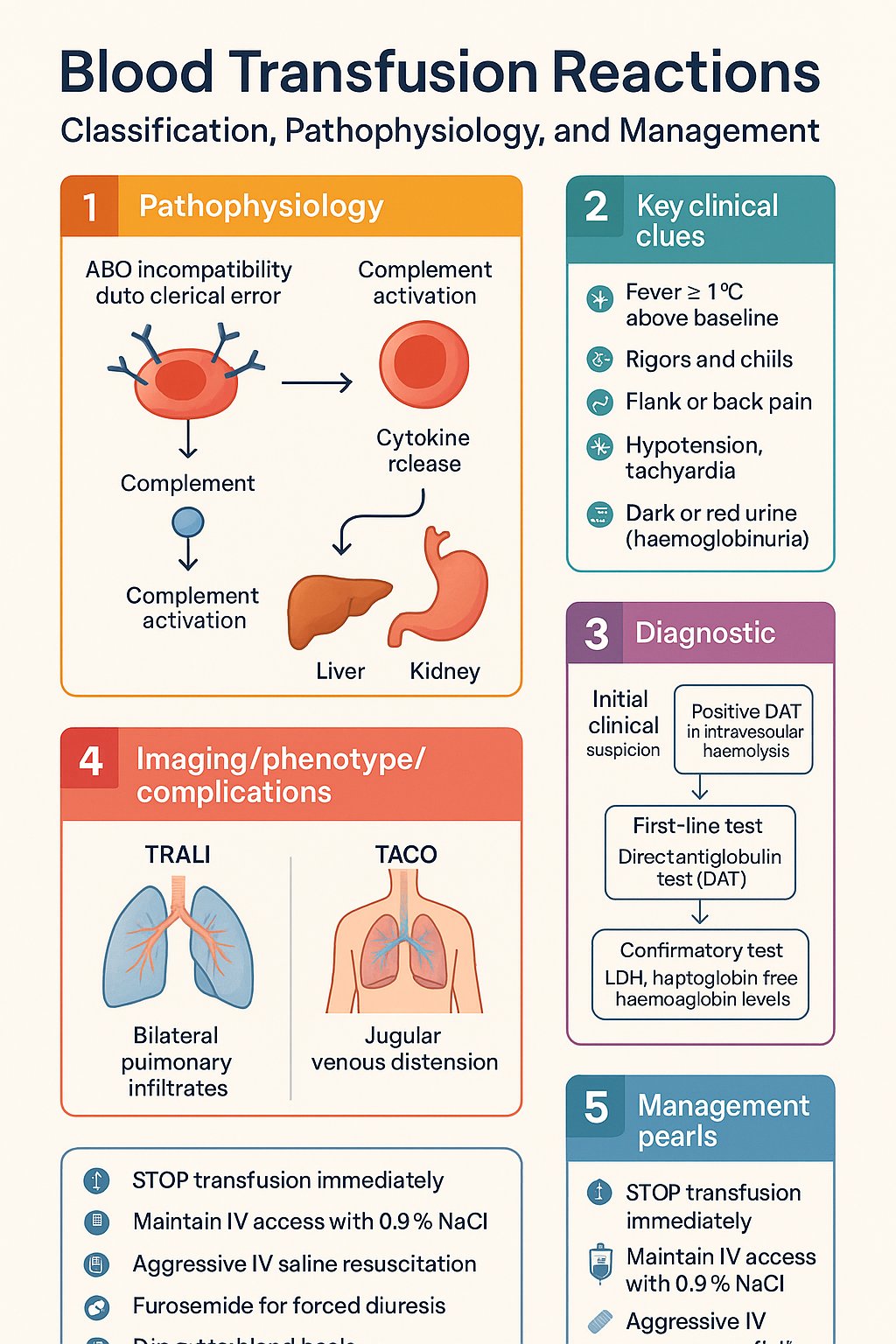 Blood Transfusion Reactions clinical infographic — pathophysiology, clinical clues, diagnosis, imaging, and management