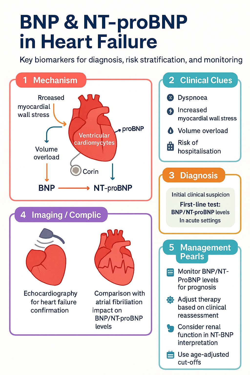 BNP & NT-proBNP in Heart Failure clinical infographic — pathophysiology, clinical clues, diagnosis, imaging, and management