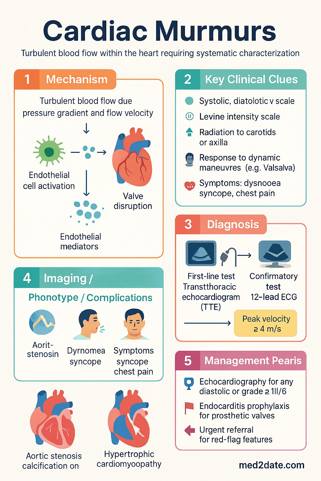 Cardiac Murmurs clinical infographic — pathophysiology, clinical clues, diagnosis, imaging, and management