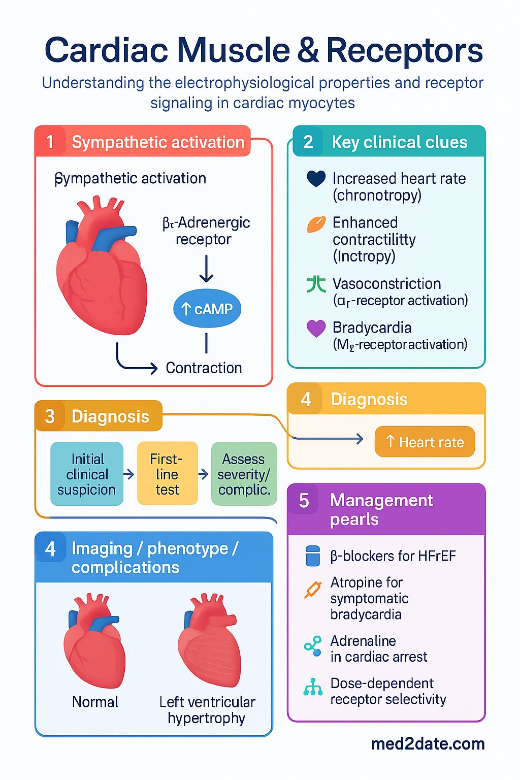Cardiac Muscle & Receptors clinical infographic — pathophysiology, clinical clues, diagnosis, imaging, and management