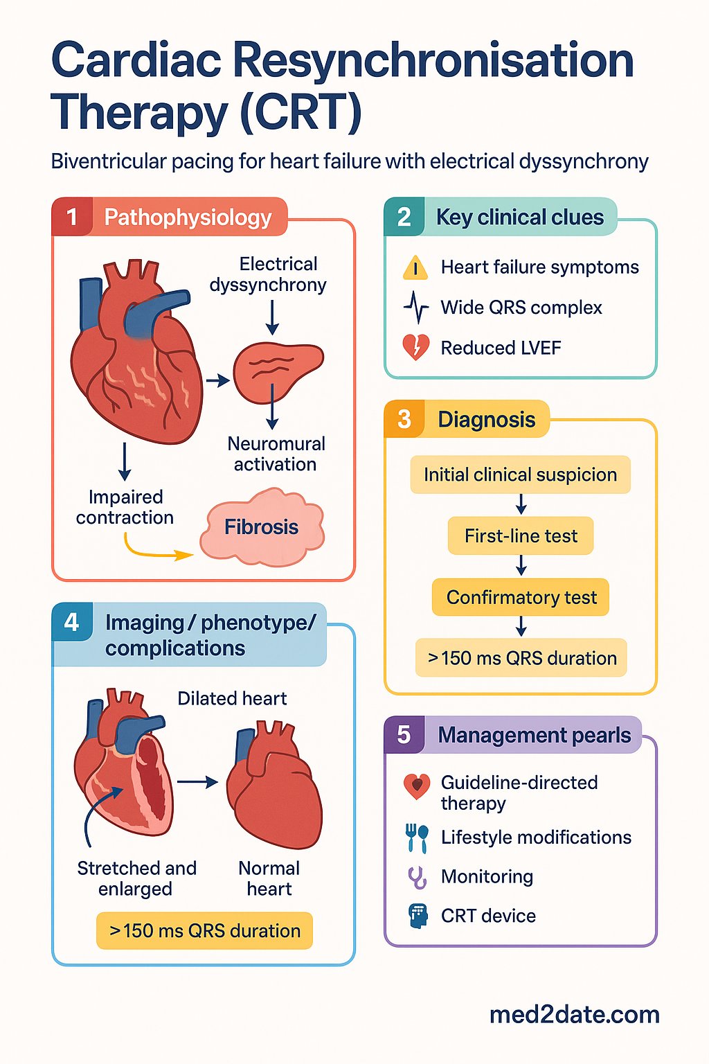 Cardiac Resynchronisation Therapy (CRT) clinical infographic — pathophysiology, clinical clues, diagnosis, imaging, and management
