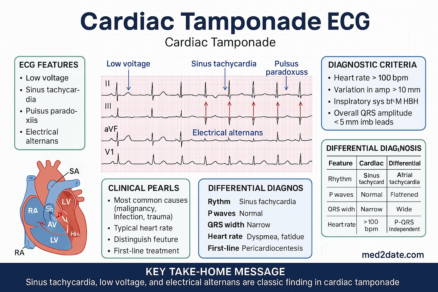 Cardiac Tamponade ECG infographic — ECG features, diagnostic criteria, mechanism, clinical pearls, differential diagnosis, and key take-home message