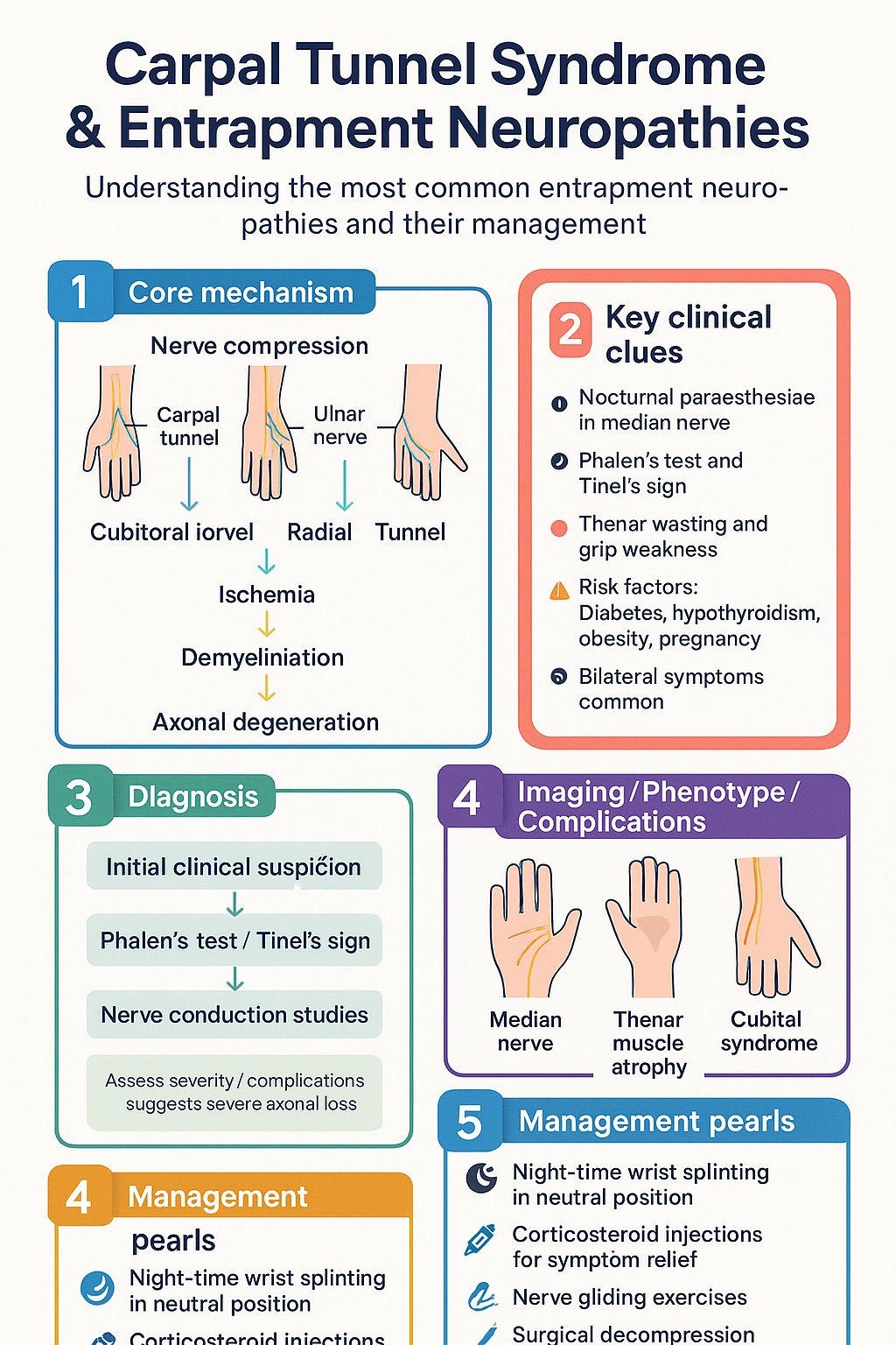 Carpal Tunnel & Entrapment Neuropathies clinical infographic — pathophysiology, clinical clues, diagnosis, imaging, and management