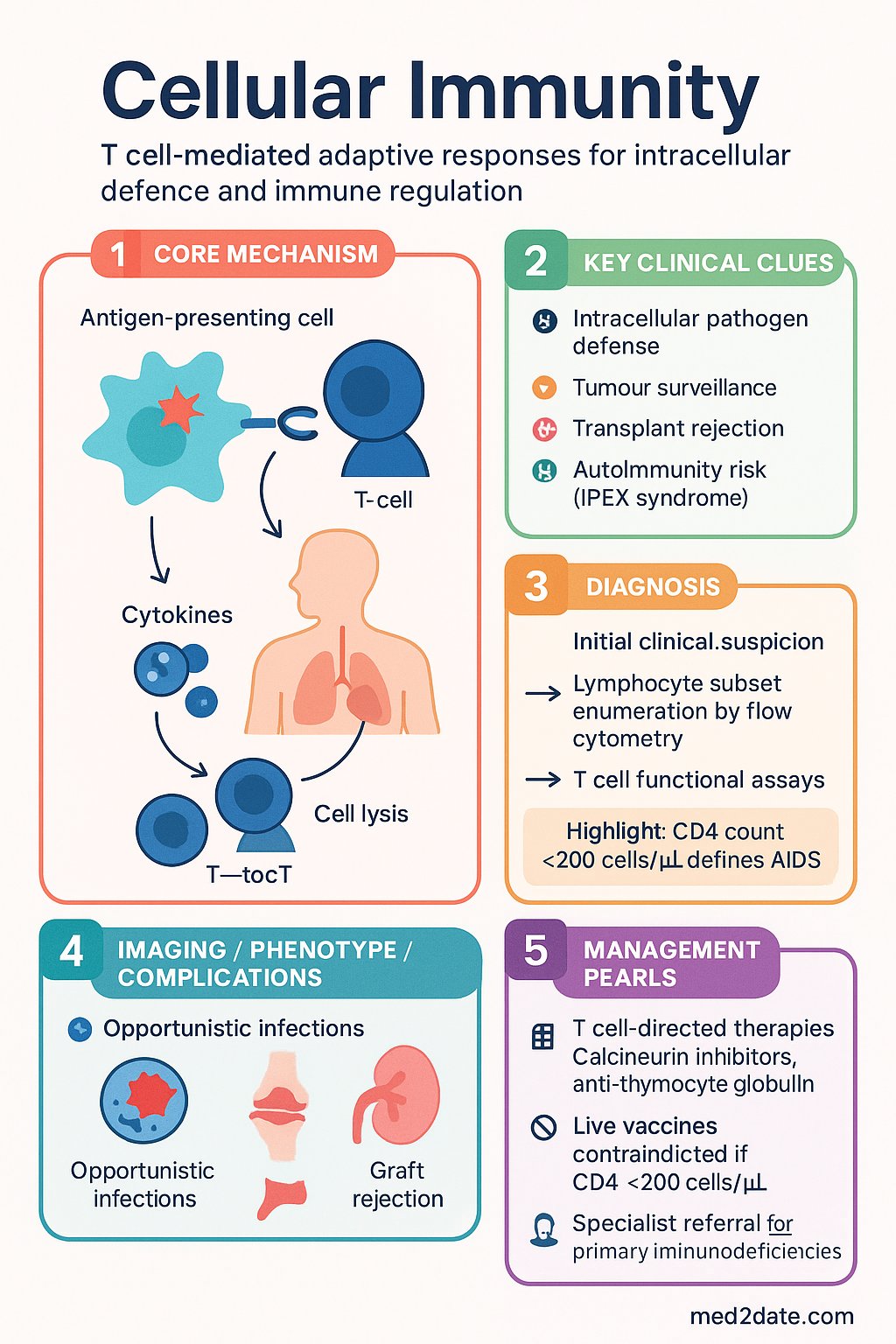 Cellular Immunity clinical infographic — pathophysiology, clinical clues, diagnosis, imaging, and management