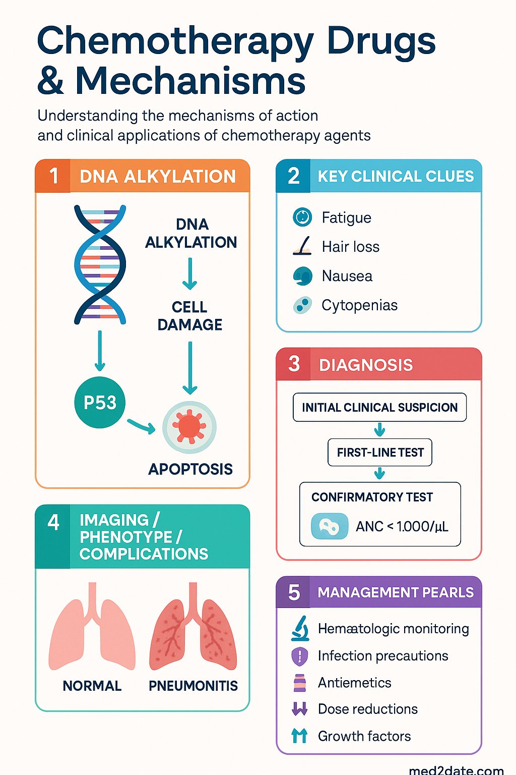 Chemotherapy Drugs & Mechanisms clinical infographic — pathophysiology, clinical clues, diagnosis, imaging, and management