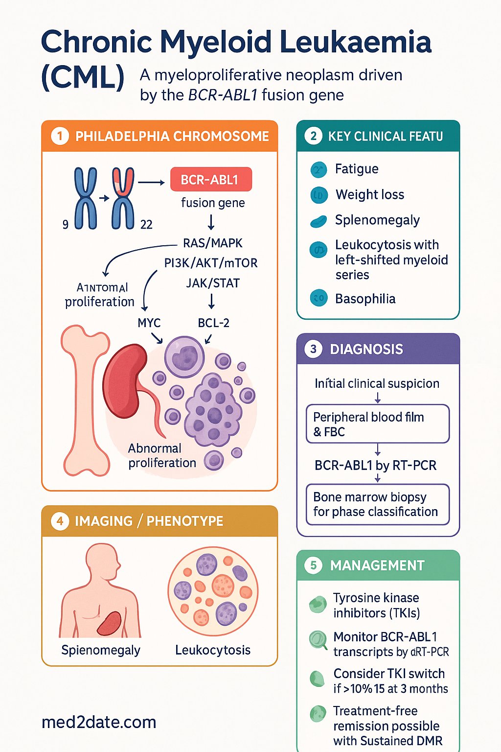 Chronic Myeloid Leukaemia (CML) clinical infographic — pathophysiology, clinical clues, diagnosis, imaging, and management