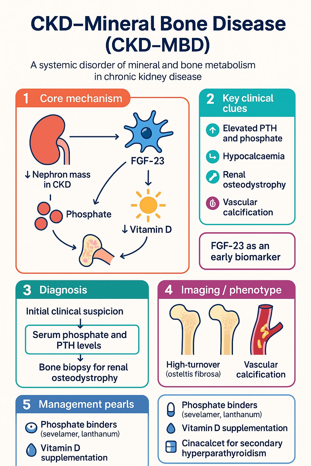 CKD-Mineral Bone Disease (CKD-MBD) clinical infographic — pathophysiology, clinical clues, diagnosis, imaging, and management