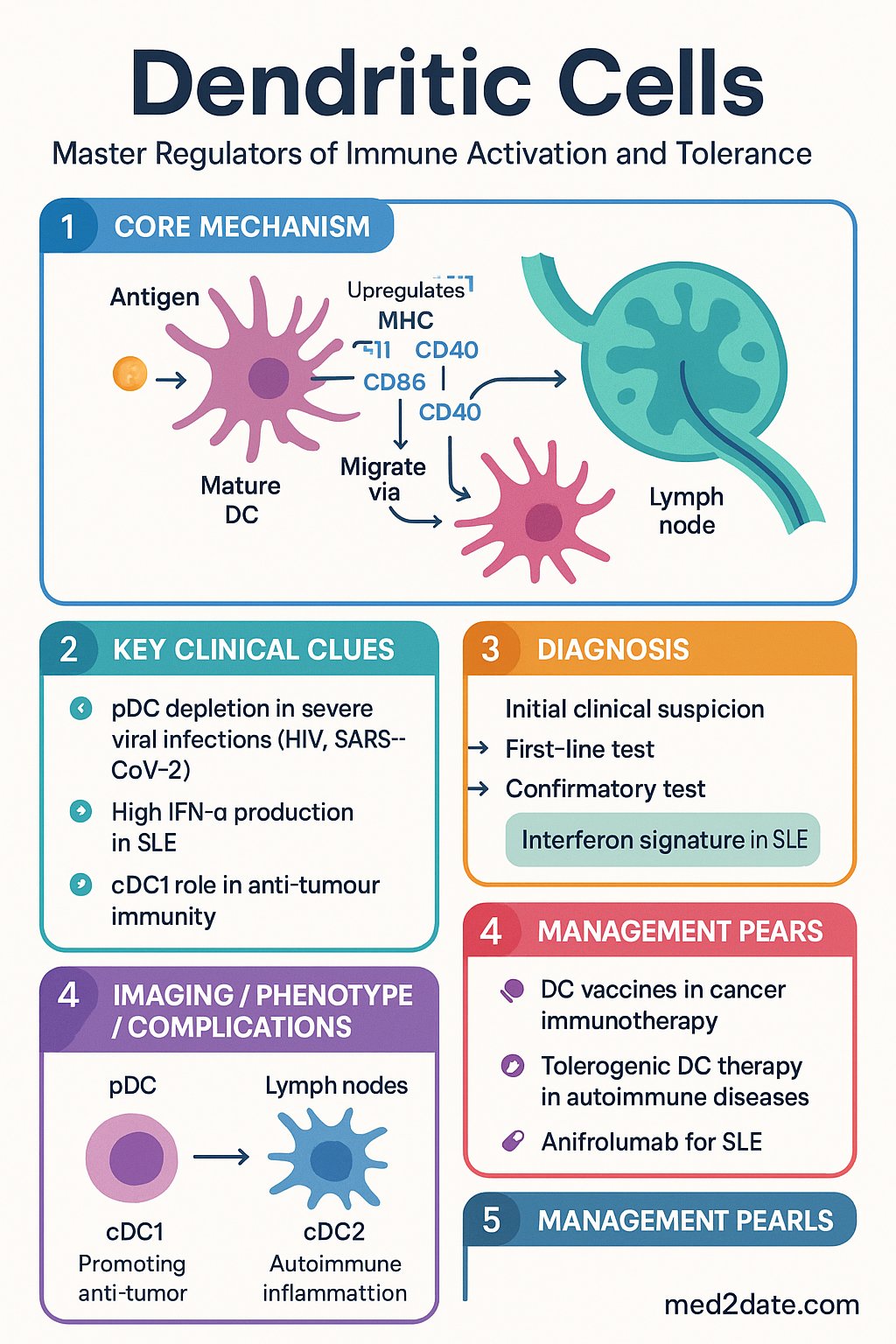 Dendritic Cells clinical infographic — pathophysiology, clinical clues, diagnosis, imaging, and management