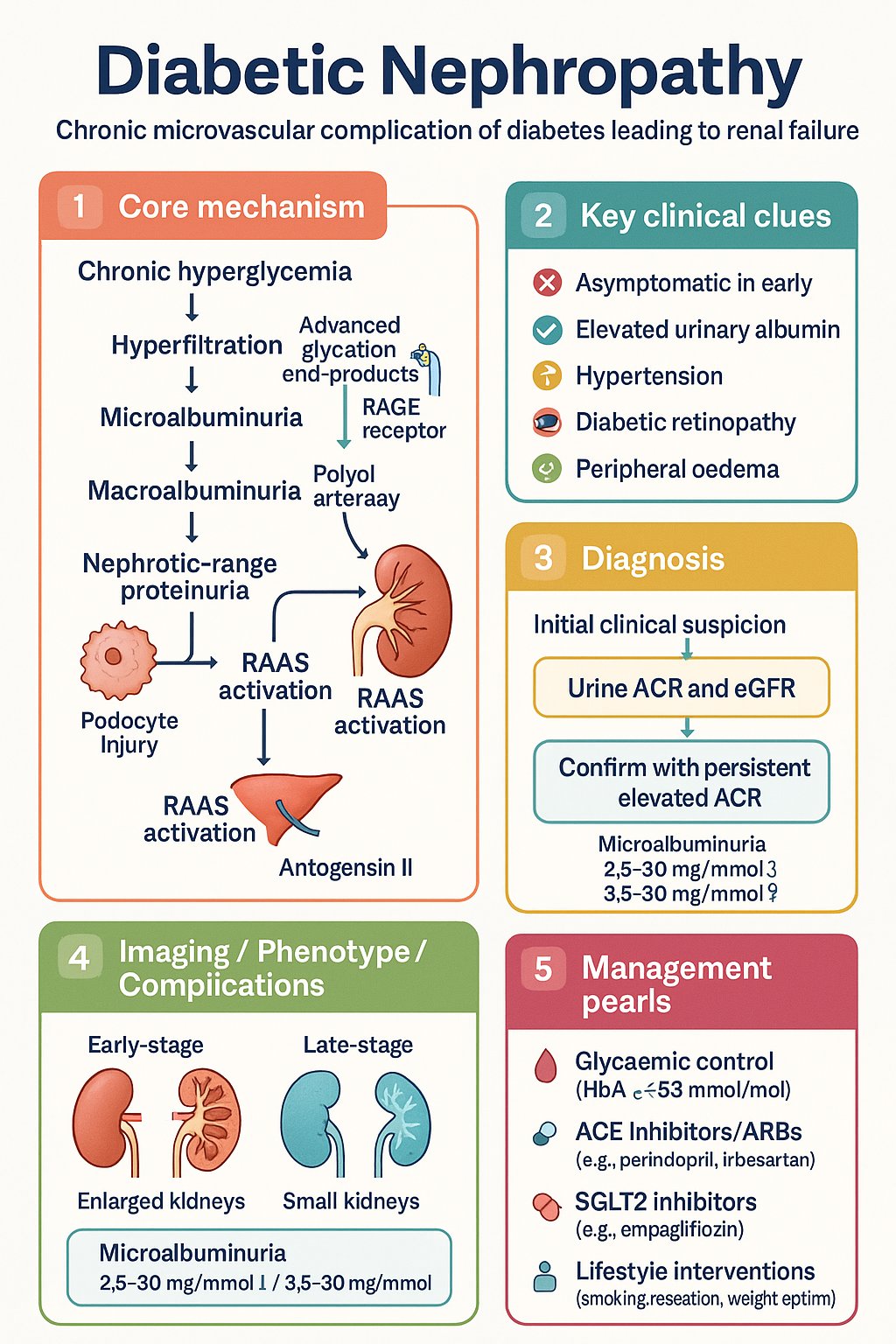 Diabetic Nephropathy clinical infographic — pathophysiology, clinical clues, diagnosis, imaging, and management