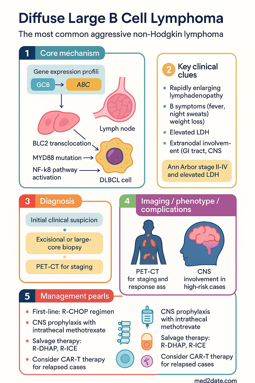 Diffuse Large B Cell Lymphoma (DLBCL) clinical infographic — pathophysiology, clinical clues, diagnosis, imaging, and management