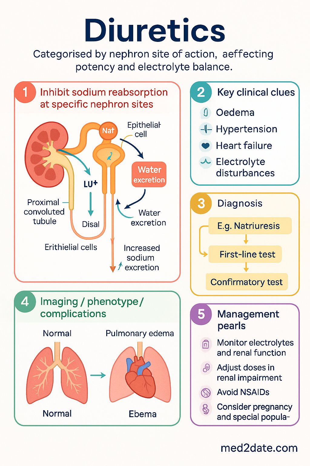 Diuretics clinical infographic — pathophysiology, clinical clues, diagnosis, imaging, and management