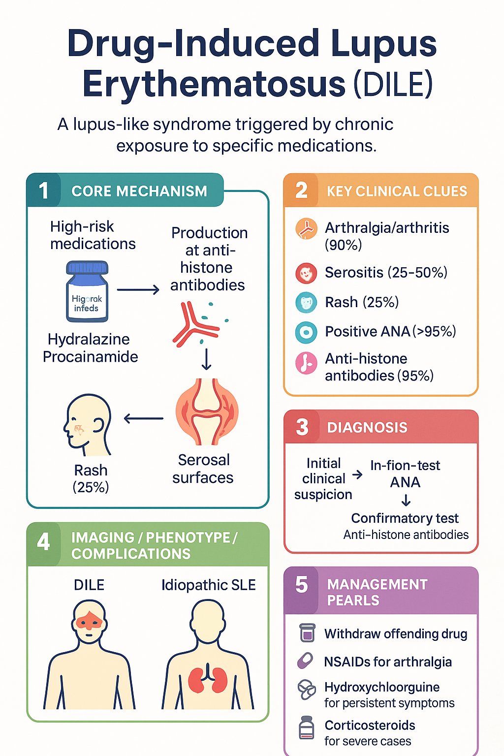 Drug-Induced Lupus (DILE) clinical infographic — pathophysiology, clinical clues, diagnosis, imaging, and management