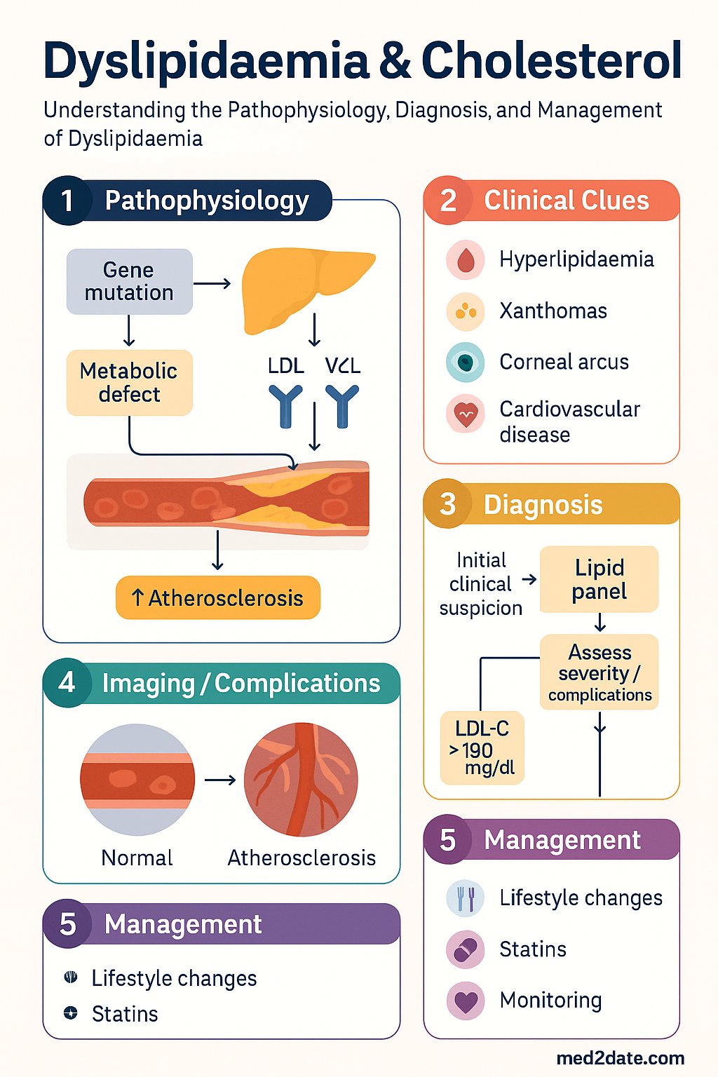 Dyslipidaemia & Cholesterol clinical infographic — pathophysiology, clinical clues, diagnosis, imaging, and management