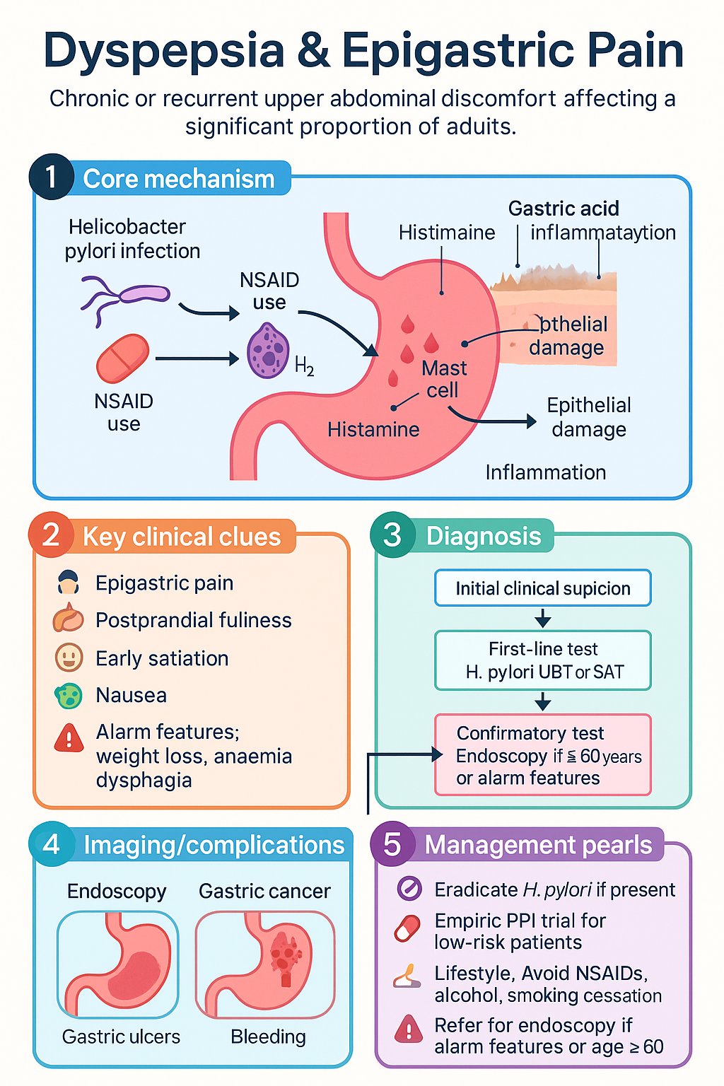 Dyspepsia & Epigastric Pain clinical infographic — pathophysiology, clinical clues, diagnosis, imaging, and management