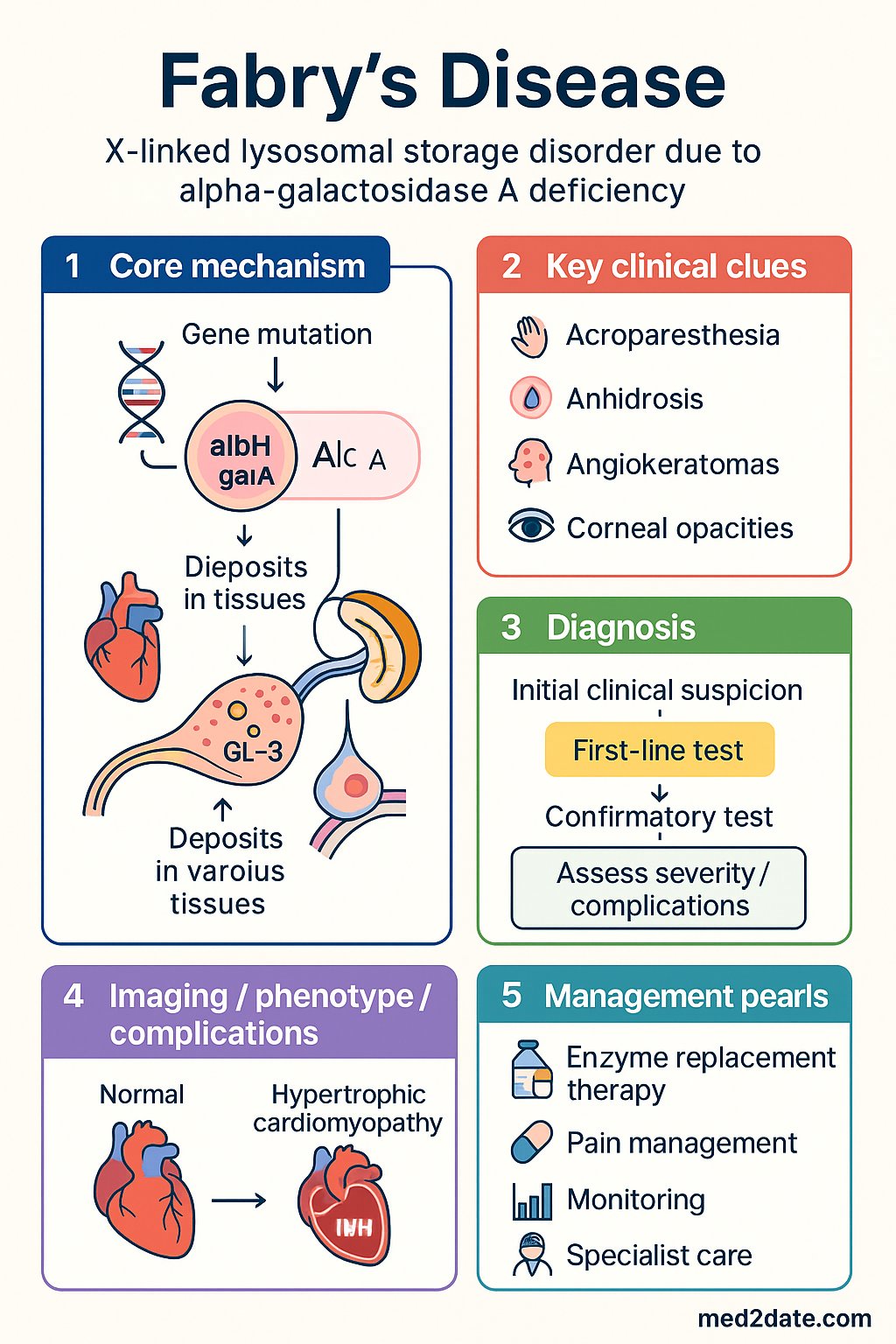 Fabry's Disease clinical infographic — pathophysiology, clinical clues, diagnosis, imaging, and management