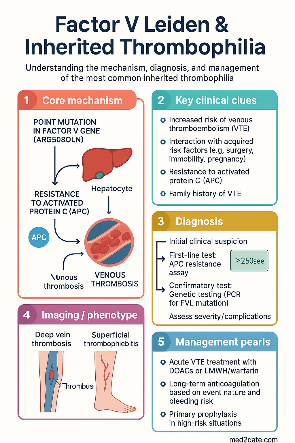 Factor V Leiden & Inherited Thrombophilia clinical infographic — pathophysiology, clinical clues, diagnosis, imaging, and management