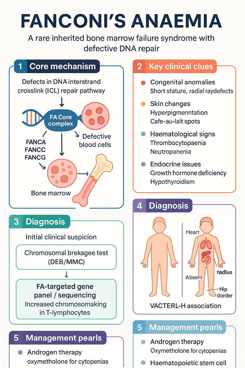 Fanconi's Anaemia clinical infographic — pathophysiology, clinical clues, diagnosis, imaging, and management