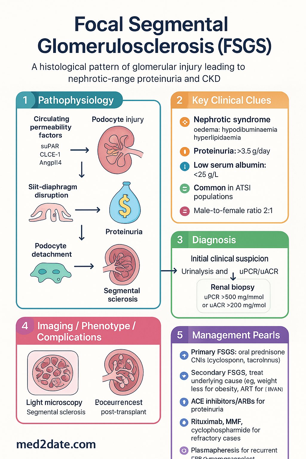 Focal Segmental Glomerulosclerosis (FSGS) clinical infographic — pathophysiology, clinical clues, diagnosis, imaging, and management