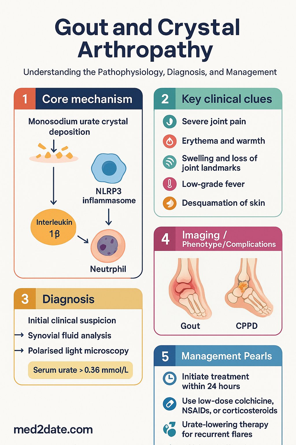 Gout and Crystal Arthropathy clinical infographic — pathophysiology, clinical clues, diagnosis, imaging, and management