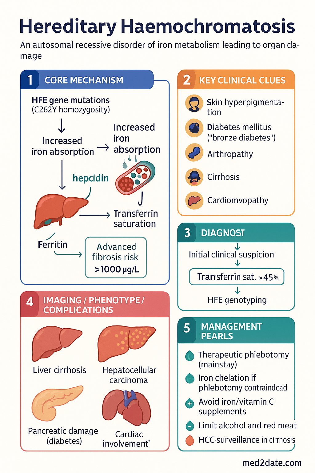 Haemochromatosis clinical infographic — pathophysiology, clinical clues, diagnosis, imaging, and management