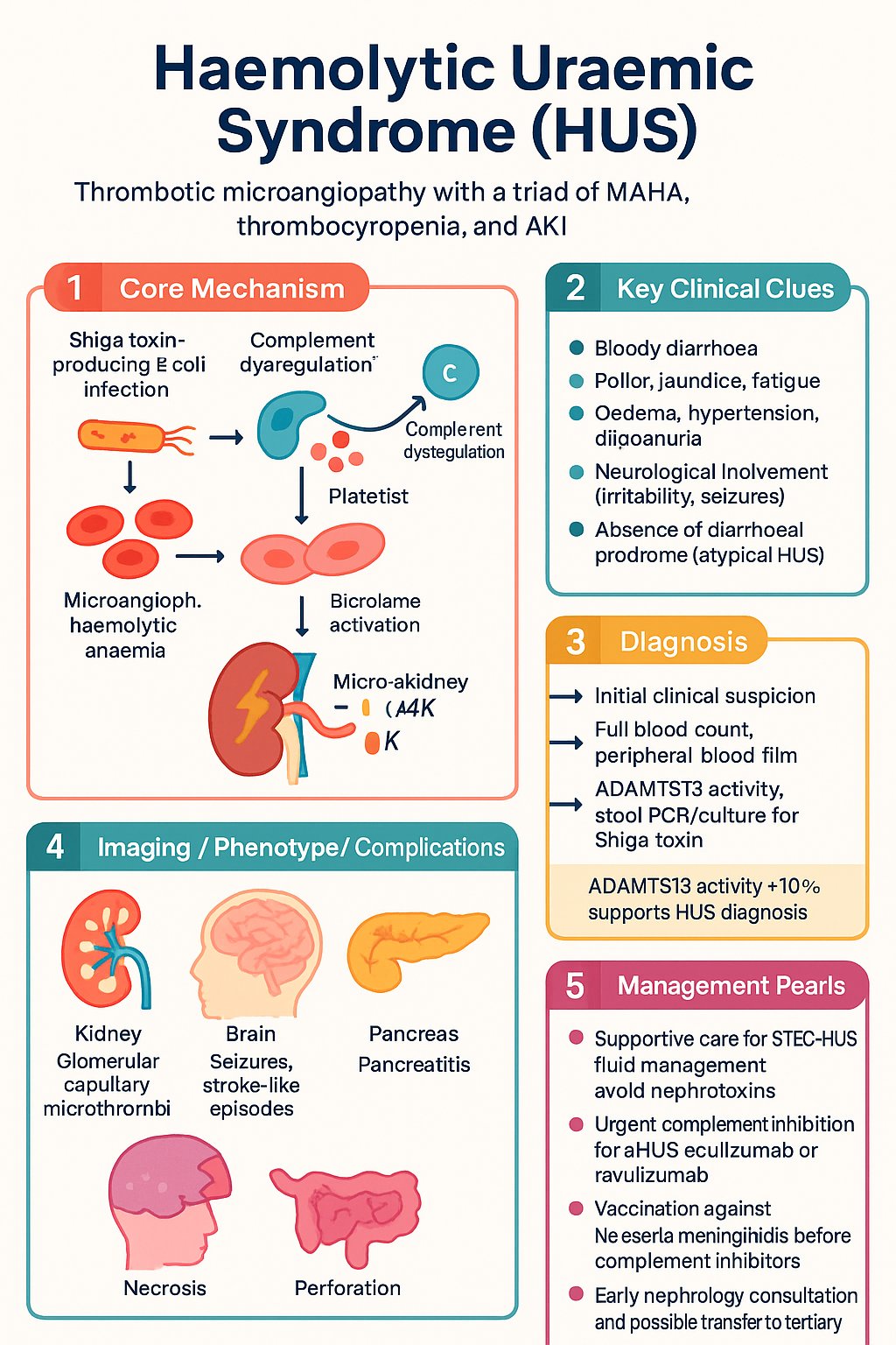 Haemolytic Uraemic Syndrome (HUS) clinical infographic — pathophysiology, clinical clues, diagnosis, imaging, and management