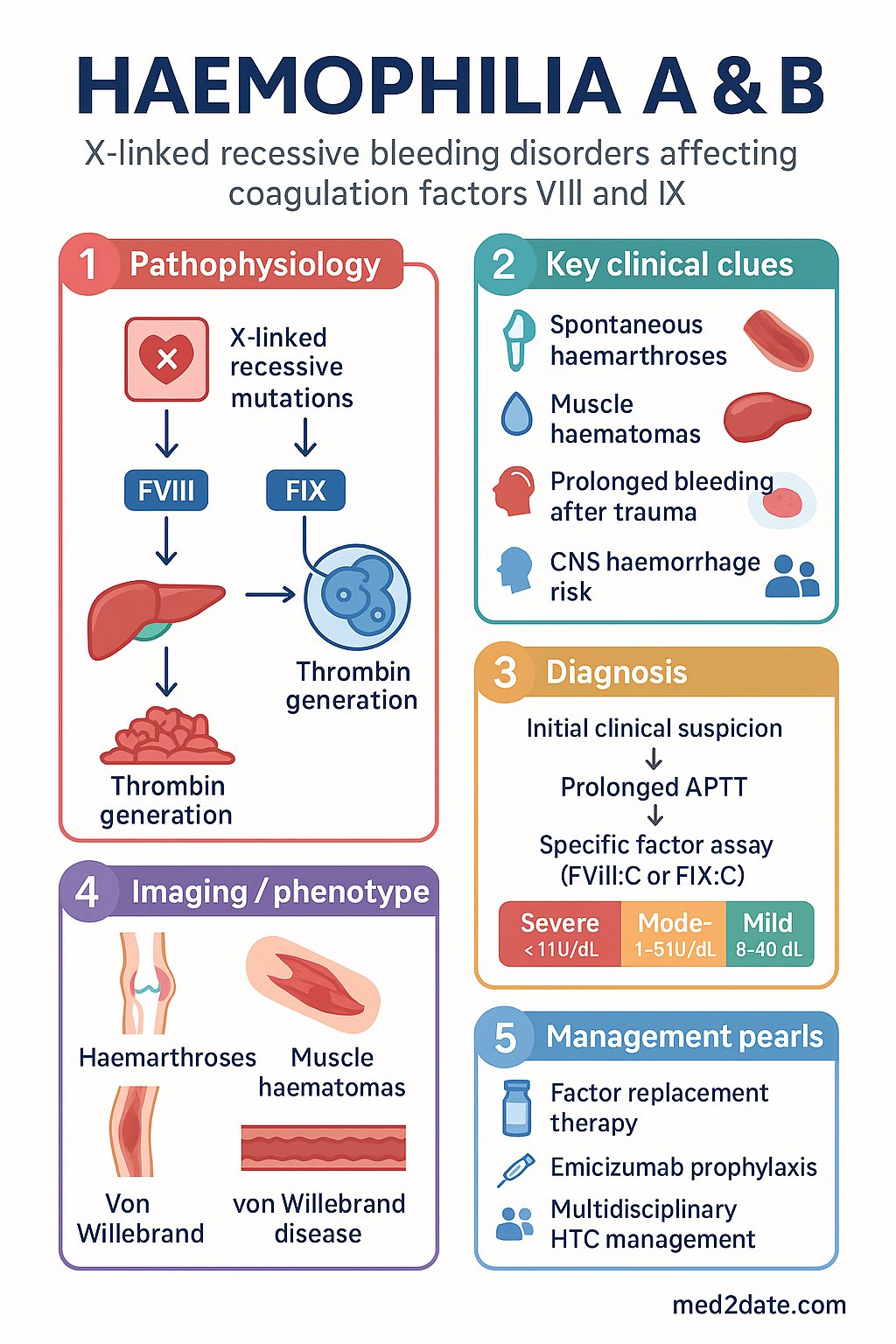 Haemophilia A & B clinical infographic — pathophysiology, clinical clues, diagnosis, imaging, and management