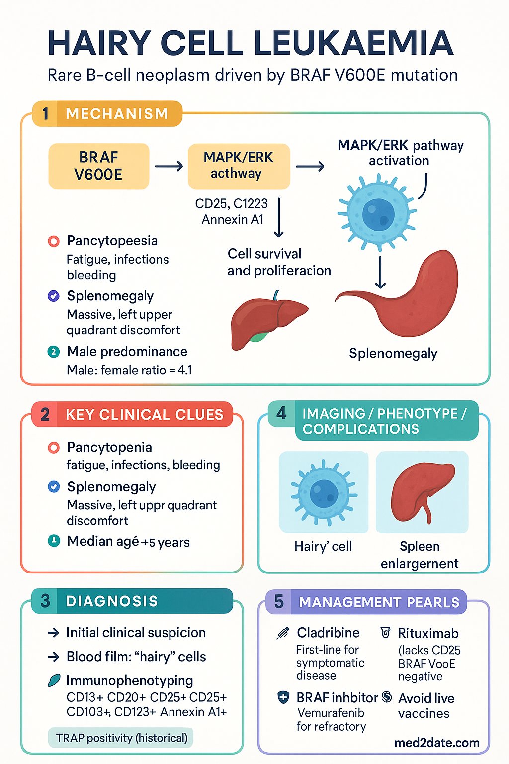 Hairy Cell Leukaemia clinical infographic — pathophysiology, clinical clues, diagnosis, imaging, and management