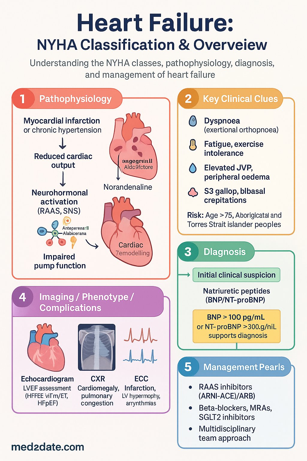Heart Failure: NYHA Classification & Overview clinical infographic — pathophysiology, clinical clues, diagnosis, imaging, and management