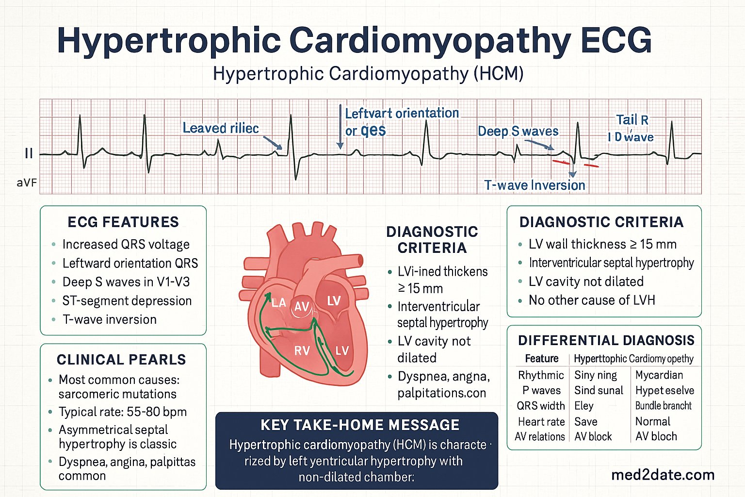 Hypertrophic Cardiomyopathy (HCM) ECG infographic — ECG features, diagnostic criteria, mechanism, clinical pearls, differential diagnosis, and key take-home message