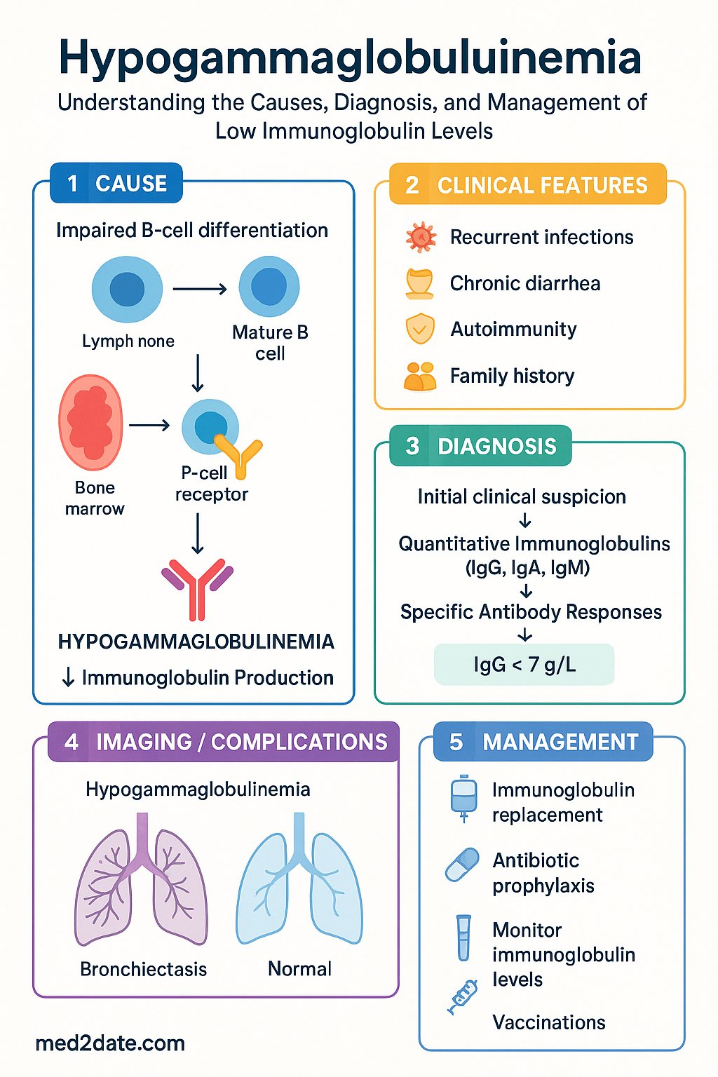 Hypogammaglobulinemia clinical infographic — pathophysiology, clinical clues, diagnosis, imaging, and management