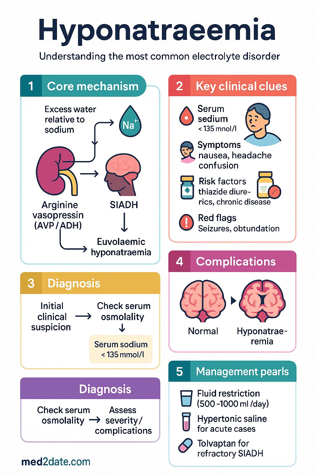 Hyponatraemia clinical infographic — pathophysiology, clinical clues, diagnosis, imaging, and management